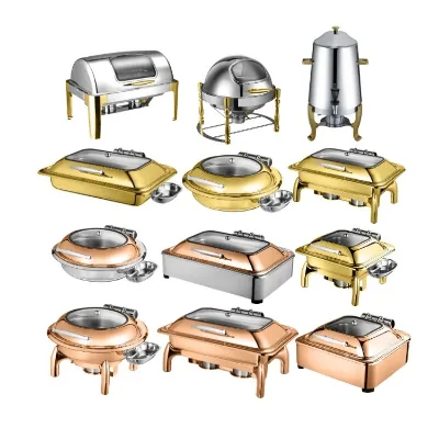 Modern Metal Green Bronze Aluminum Induction Cooker Oblong Chafing Dish with Roll Top Lid Holder Bowl Candle Warmer Material 11l