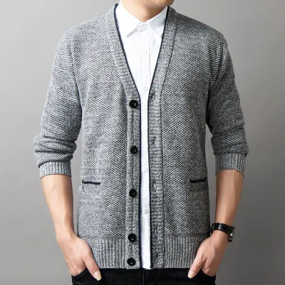 Wholesale New Arrival Formal Style Man's v Neck Long Sleeve Loose Fit Fleece Inside Plain Formal Sweater Coat