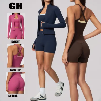 GH 2026 Custom Logo High Elastic 3 Piece Gym Fitness Clothes Premium Nylon Spandex Crop Tank Top and Shorts Gym Set with Jacket
