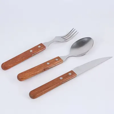 Hot Selling 3pcs Modern Kitchen Stainless Steel Dinner Tool Knife Fork Spoon with Wooden Handle for Party Use