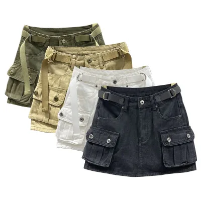 HANOU Wholesale Denim Skirt With Pockets Summer Fashion Retro Short Denim Skirt for Lady Womens Skirts