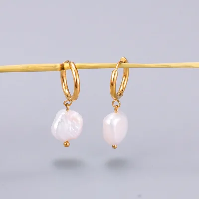 18k Gold Plated Huggie Small Hoop Earrings with Charm Pearl Drop Dangle Earrings for Women Stainless Steel