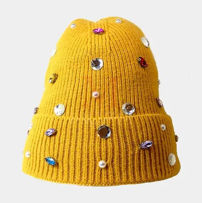 Factory Wholesale Distressed Winter Beanie Custom Logo Pattern Knit Crystal Pearls Diamond Rhinestones Comfortable Common