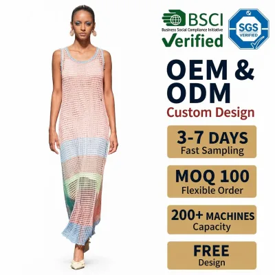 Women Dress Hollow Crochet Knit Midi Dress Sleeveless Gradient Stripe Mesh Sheer Beach Cover up Summer Knit Long Dress