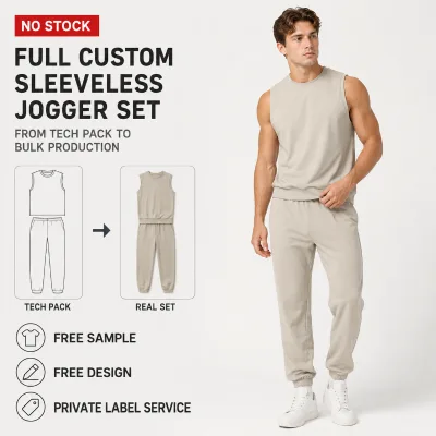 Private Label Two Piece Set Mens Heavyweight Cotton French Terry Beige Sleeveless Tank Top Pullover Streetwear Tracksuit