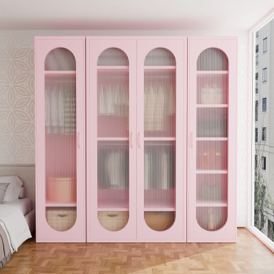 Metal Kids Armoire with Doors and Clothing Rod Home Furniture Fluted Glass Door Storage Steel Bedroom Wardrobe