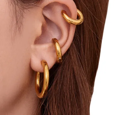 Mili Women's Minimalist Stainless Steel Color-Block Round Hoop Earring Set 18K Gold-Plated Stylish All-Match DIY Earrings