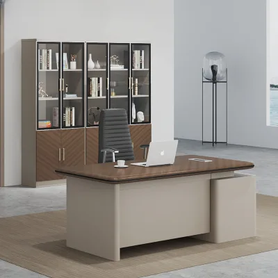 Luxury Modern Foldable Portable Executive Desk Herringbone Wood Grain with Storage Cabinet Office Furniture