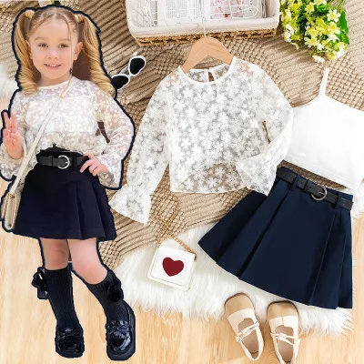 New Spring and Autumn Hollow Flower Top + White Suspender Bottoming + Black Belt Pleated Skirt Suit
