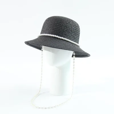 2026 Petite Style 5thin Paper Straw Fishermen Bucket Hat with Pearl Chin Rope Fashion Outdoor Wide Brim Beach Sun Hat