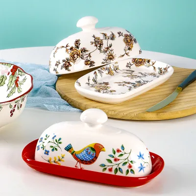 Butter Box Creative Ceramic Dish with Lid Small Tray Dessert Dish Under Glazed Color Oval Ceramic Butter Preservation Box