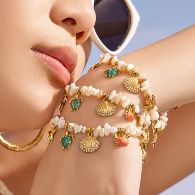Ocean-Style Shell Micro-Inlaid Zircon Starfish Turtle Charm Bracelet Natural Stones Beaded Stainless Steel Women's Bracelet