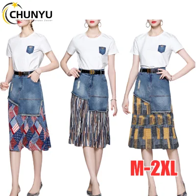 Spliced Denim Skirt Fashion Two Piece Set Summer White Short Sleeve T-shirt Women's Top