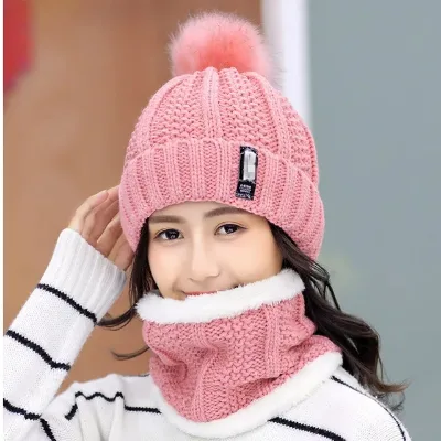 Outdoor Women's Winter Hat Caps Warm Scarf Thick Windproof Pom Pom Hat Scarf Set for Women.Z0850