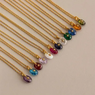 0 18K Gold Plated Teardrop Birth Stone Pendant Necklace Stainless Steel CZ Zircon Gemstone Diamond Birthstone Charm Necklace
