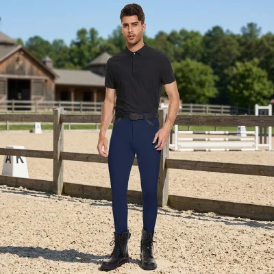 Wholesale Lightweight Dark Blue Man Horse Riding Leggings Quick Dry Durable Comfortable Pockets for Equestrian Breeches