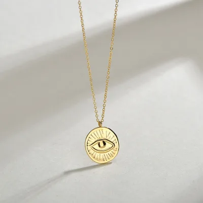 Non Tarnish Real 18k Gold Plated Stainless Steel Evil Eyes Necklace Double Side Round Titanium Steel Engrave Coin Necklace
