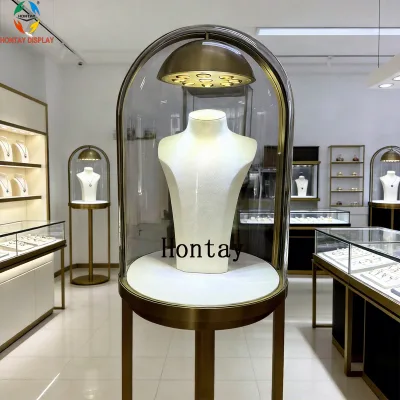 Modern Jewelry Pedestal Cabinet High Brightness LED Gold Metal Base Luxury Brand Retail Store Shopping Mall Eco-Friendly