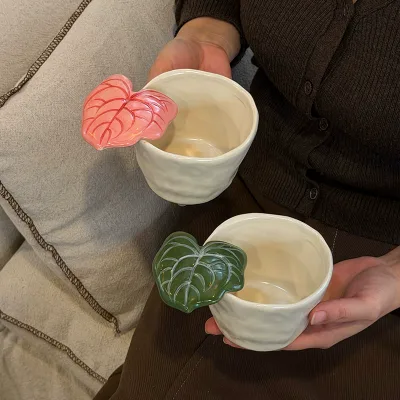 Retro Handcrafted Irregular Ceramic Coffee Cup Design Sense Niche Embossed Leaf Mug