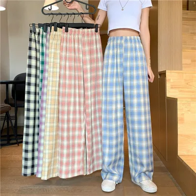 Women Plaid Wide Leg Pants Elastic Waist Drawstring Loose Lightweight Casual Long Trousers Home Streetwear Trousers