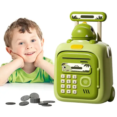 Hot Sale Dino Money Box Toy Set Battery Operated Piggy Bank with Toy Trolley Plastic Dinosaur Gift Trolley