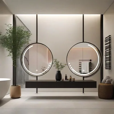 Round LED - Lit Bathroom Mirror - Stainless Steel Frame, Tri - Color Light, Hanging Design, Anti - Fog Wall - Mounted for Hotel