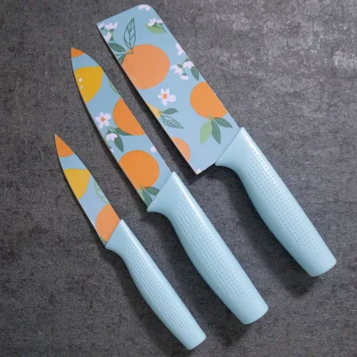 3-Piece Stainless Steel 3Cr Series Steel Kitchen Knife Set with Cutting Fruit Printing Knives-15cm Blade