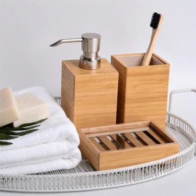 CF Eco-friendly Natural Bamboo 3 Piece Stainless Pump Soap Dispenser Removable Liner Soap Dish Toothbrush Holder Bathroom Set