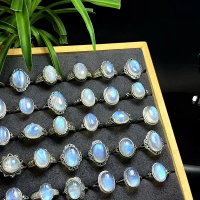 Sliver 925 Fashion Crystal Crafts Blue Moon Stone Rings Gemstone Ring Adjustable Jewelry Moon Stone for Decoration