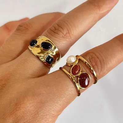 Stainless Steel Colorful Stone Open Rings Women Trendy Wedding Gold Color Irregular Geometric Adjustable Wide Finger Ring