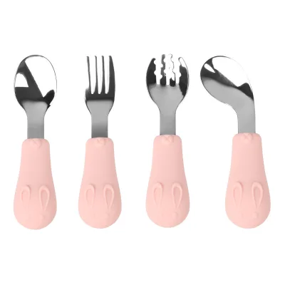Kids Stainless Steel Spoon Fork Silicone Baby Feeding Set Food Grade