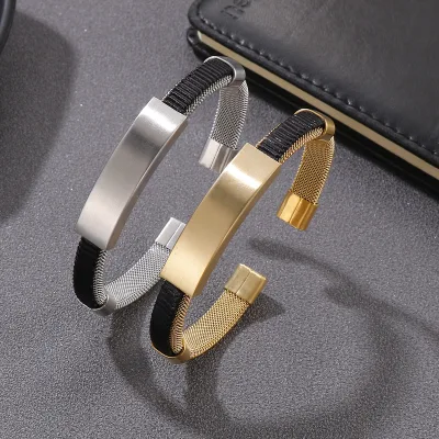 Hip Hop Style Personalized Custom LOGO 18K Gold Plated Vintage Open Cuff Stainless Steel Men's Bangles Bracelet Jewelry
