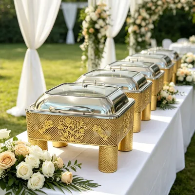 Golden Stainless Steel Bain Marie Chafing Dish 9L/6L Alcohol Heating Lace-Edged Base Hydraulic Lid Design for Hotels Banquets
