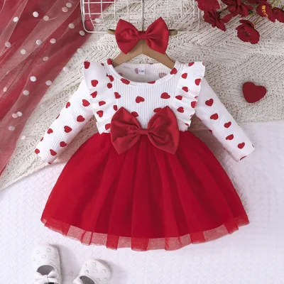 Autumn European American Cute Love Print Bow Long Sleeve Dress Bow Headscarf Suit Girls Casual Style Short Sleeve Children