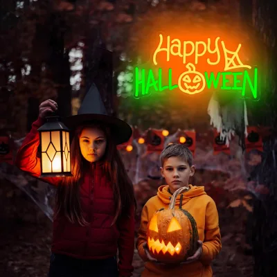 Happy Halloween LED Neon Sign Set Light up Bat Shape Decor in White/Pink for Festive Bedroom Wall