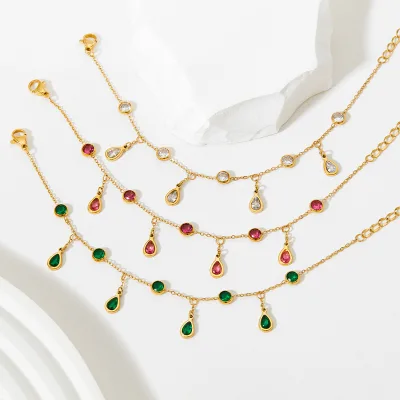 Stainless Steel Small Anklet Drop Bezel Setting Round White Cz Gold Chain Anklets for Woman