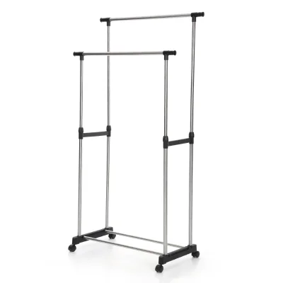 Double-Tier Metal and Plastic Coat Rack Standing Garment Rack with Wall and Bag Use for Wardrobe Clothing Drying Storage