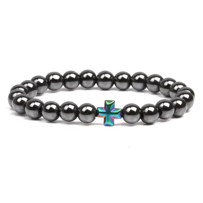 8mm Magnetic Black Bile Stone Bracelet Dazzling Blue Cross Beaded Hand String Classic Style for Islam