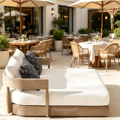 Vintage Style Solid Teak Wood Frame Outdoor Furniture Sunbed Hot Sale Outdoor Restaurant Sunlounger For Outdoor Meal Eating