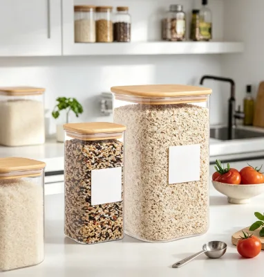 Custom Logo Rectangle Glass Canister With Bamboo Cover, Airtight Food Storage Jar for Cereal Spice Bulk Supply