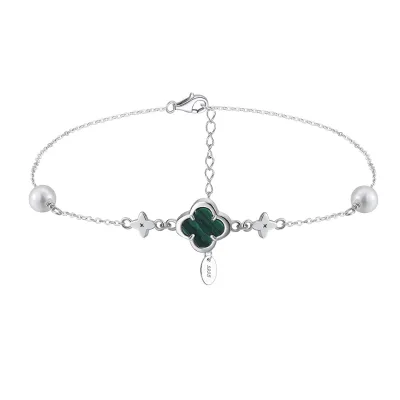 Four-Leaf Clover Gold Plated 925 Sterling Silver Pearl Women's Anklet with Synthetic Malachite