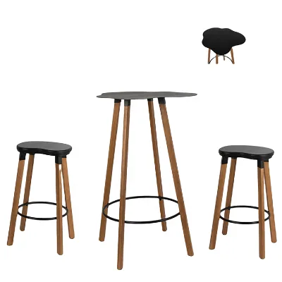 Wood Bar Chair Tall Stool Round Dining Table Set with 2 High Chairs for Balcony Kitchen Living Room Furniture