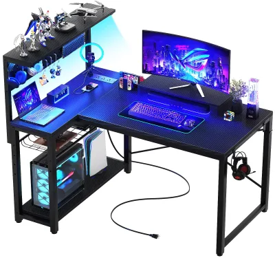 Small Gaming Desk with Power Outlets Pegboard LED Light L Shaped Storage Shelves Reversible Corner Desk with Headset Hooks