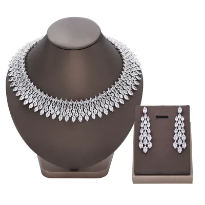 Luxurious Platinum Electroplated Fine Jewelry Set with Floral Layered Design Zircon Embellished Earrings Necklace for Weddings