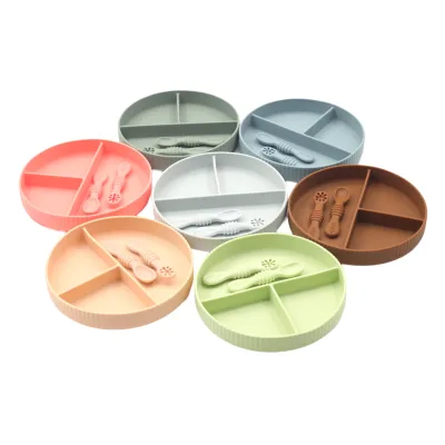 100% Wholesale High Quality Ready Ship Stock Non Slip Silicone Plate Baby Silicone Suction Plate Spoon Set