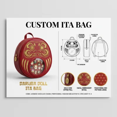 Lucky Red Daruma Ita Bag Premium Vegan Leather Gold Embroidery Face Detail Rope Tassel Charm Circular Window Pin Display Purse