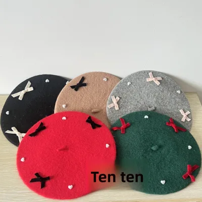 MOQ 3 Parent-child Matching Bow-knot Pearl Childrens Beret Cute Woolen Retro British-style Autumn/winter Painters Hat Woolen