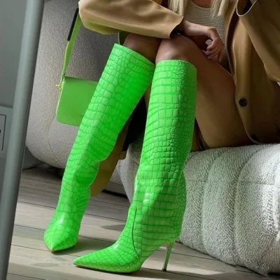 Knee High Boots Genuine Leather Crocodile Texture Pointed Toe Stiletto Dress Boots for Women Autumn Winter Elegant Fashion