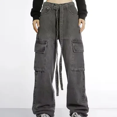 Hot Sale Custom Design Women's Washed Vintage Cargo Pants Baggy Streetwear Loose Fit Jogger Jeans Pant for Women