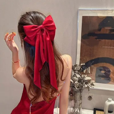 Elegant Bow Ribbon Hair Clip Fashion Simple Solid Satin Spring Clip Hair Pin Retro Headband with Clips Girls Hair Accessories
